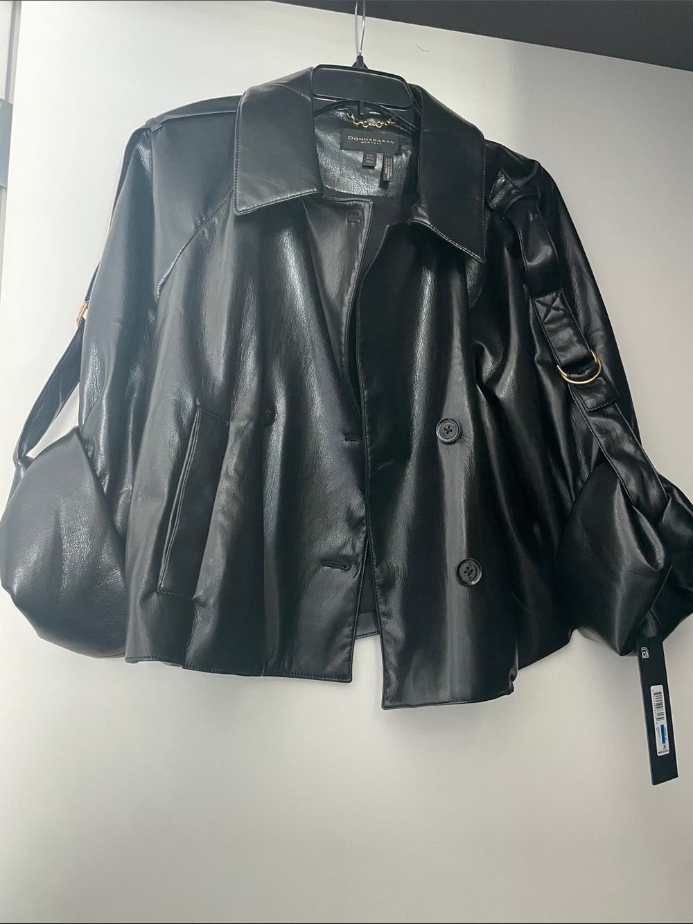 Donna Karan Black Faux Leather Button-Front Jacket w/ option to roll up or down